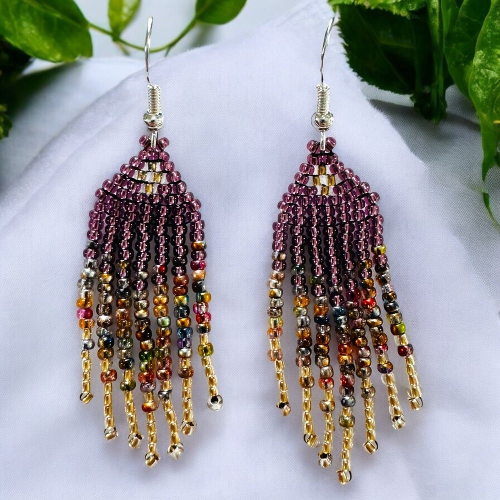 Seed Bead Beaded Earrings Amethyst Copper Mix Crystal Gold Handmade 2.25" Boho